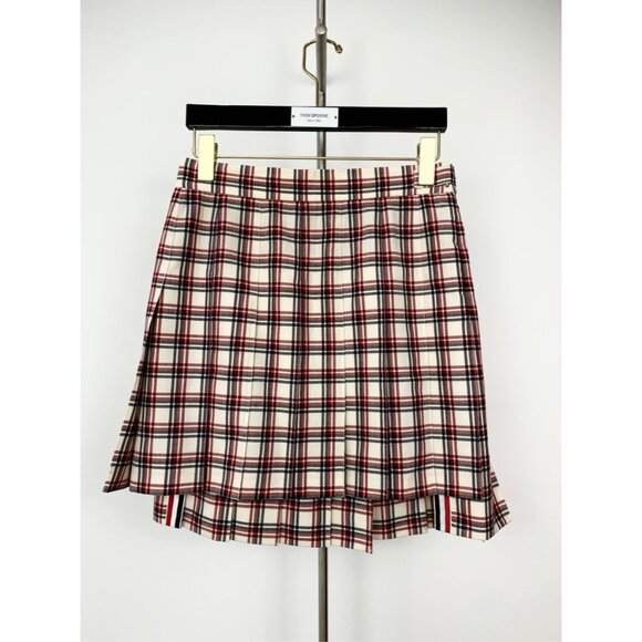 Thom Browne Red Wool Plaid Pleated Mini Skirt